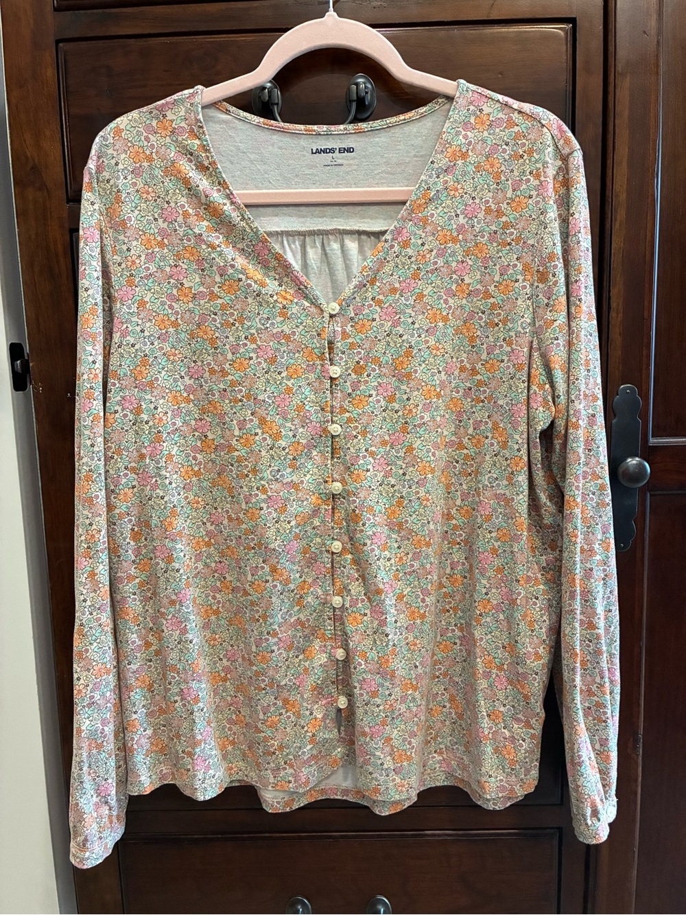 Lands' End Pink & Orange Floral Button-Front V-Neck Shirt